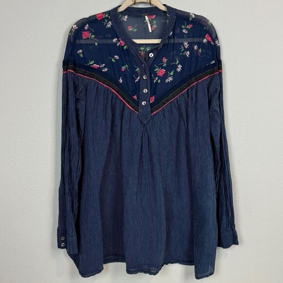 Free People Striped Floral Long Sleeve Tunic L - Picture 1 of 8